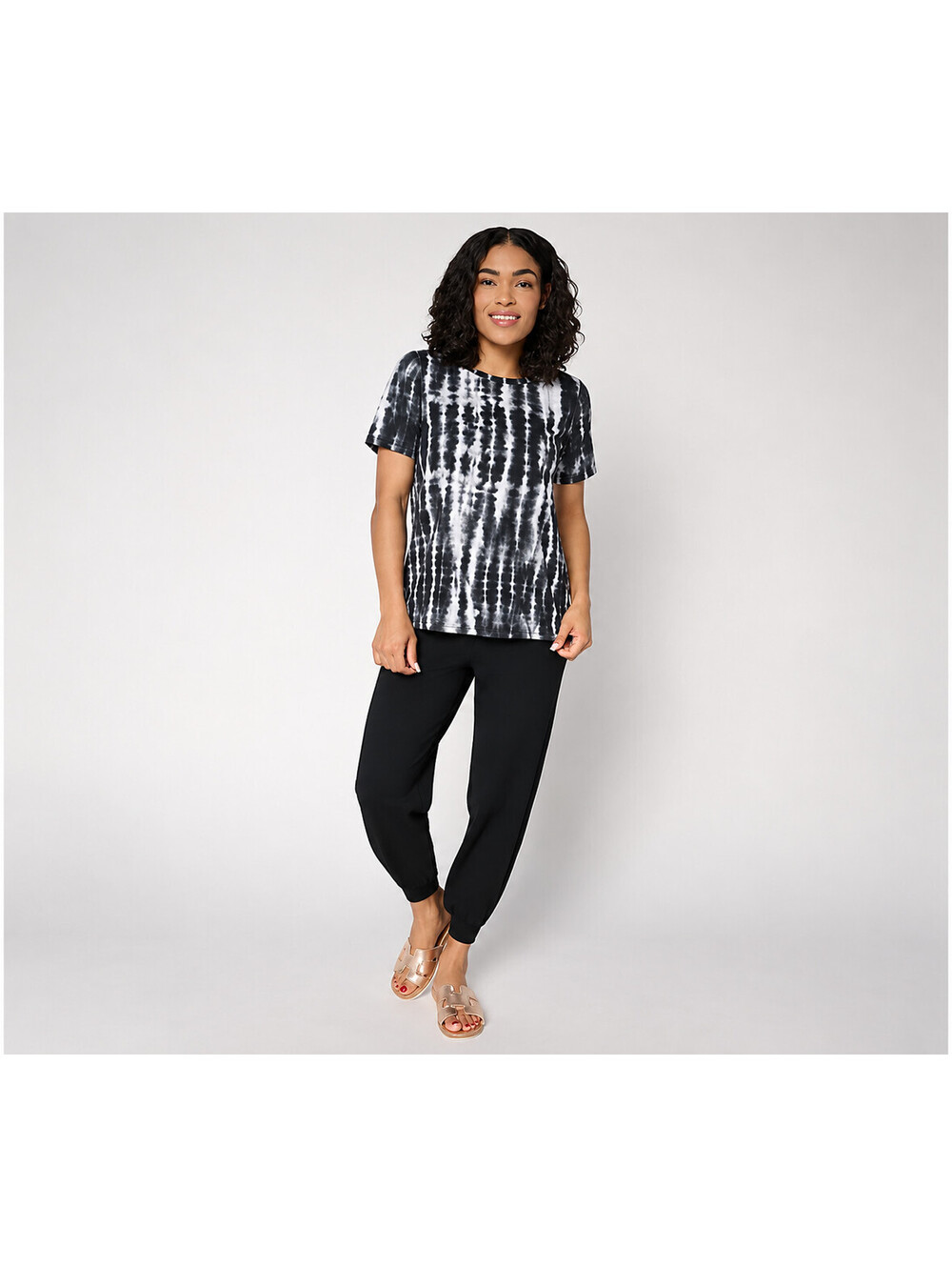 AnyBody Cozy Knit Printed Short Sleeve Tee & Jogger Set Black, Petite Medium